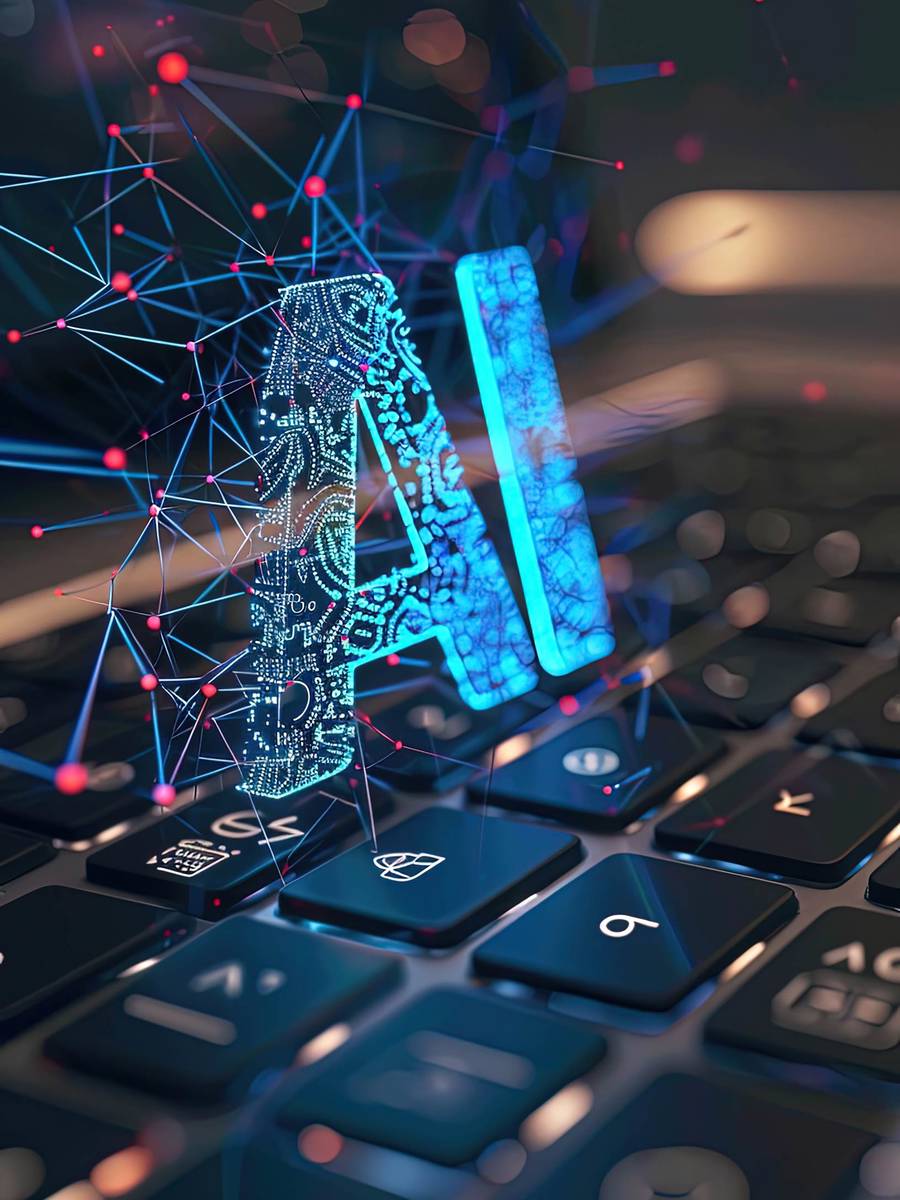 Rappresentazione di una rete neurale luminosa su una tastiera di laptop