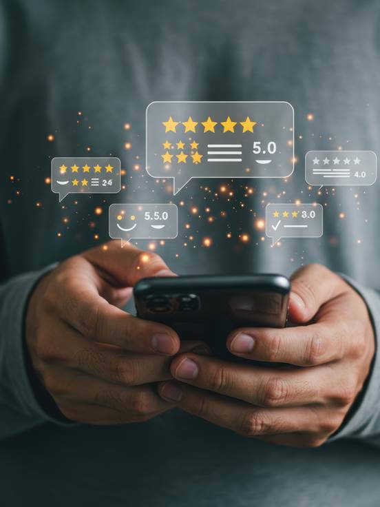 Smartphone con recensioni e valutazioni a stelle sovrapposte